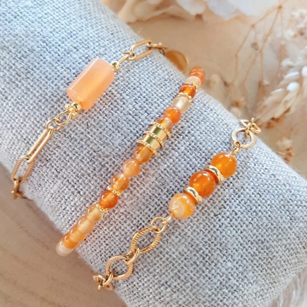 Bracelet Cornaline en acier inoxydable or  - Bracelet pierre naturelle orange - Cadeau femme