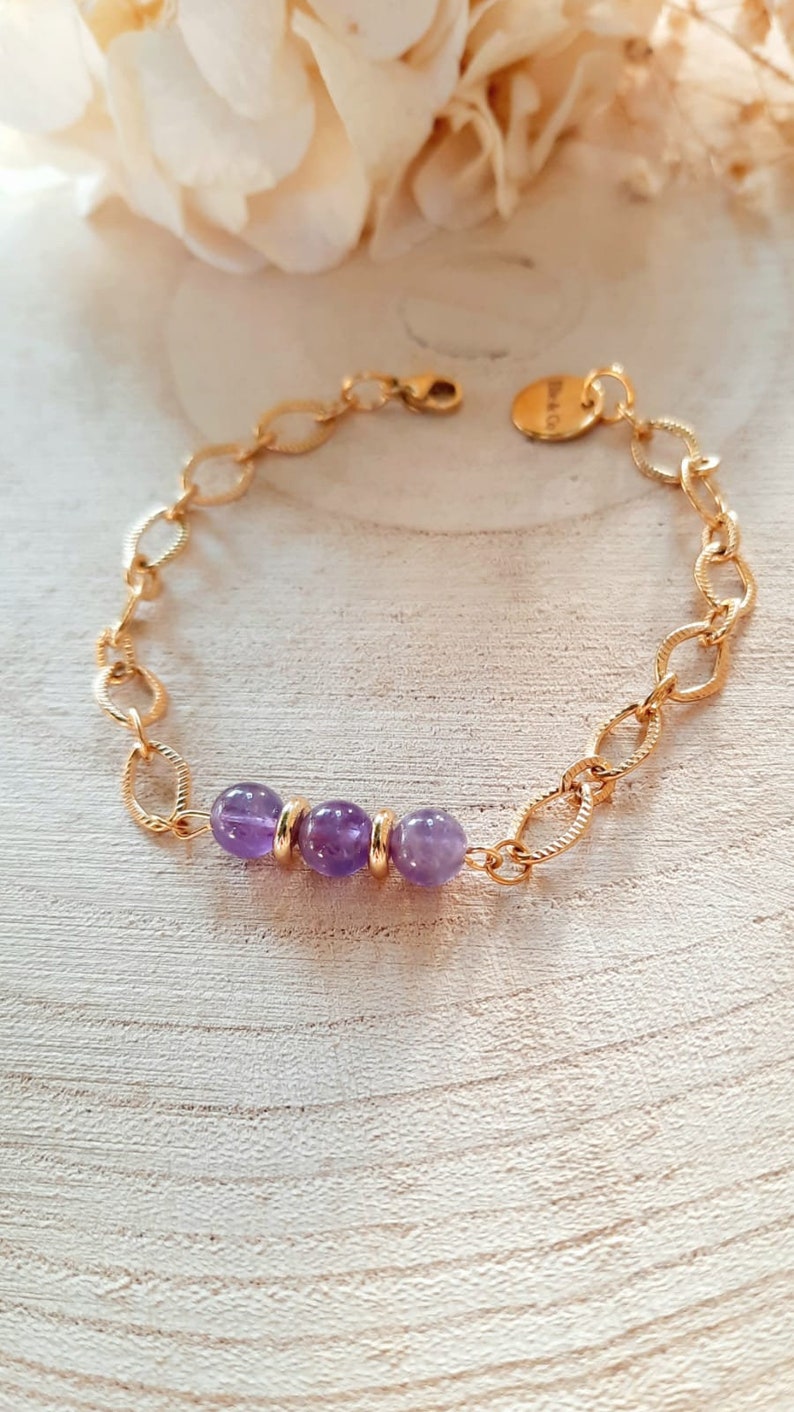 Amethyst bracelet Natural stone and gold stainless steel bracelet Women's gift image 4