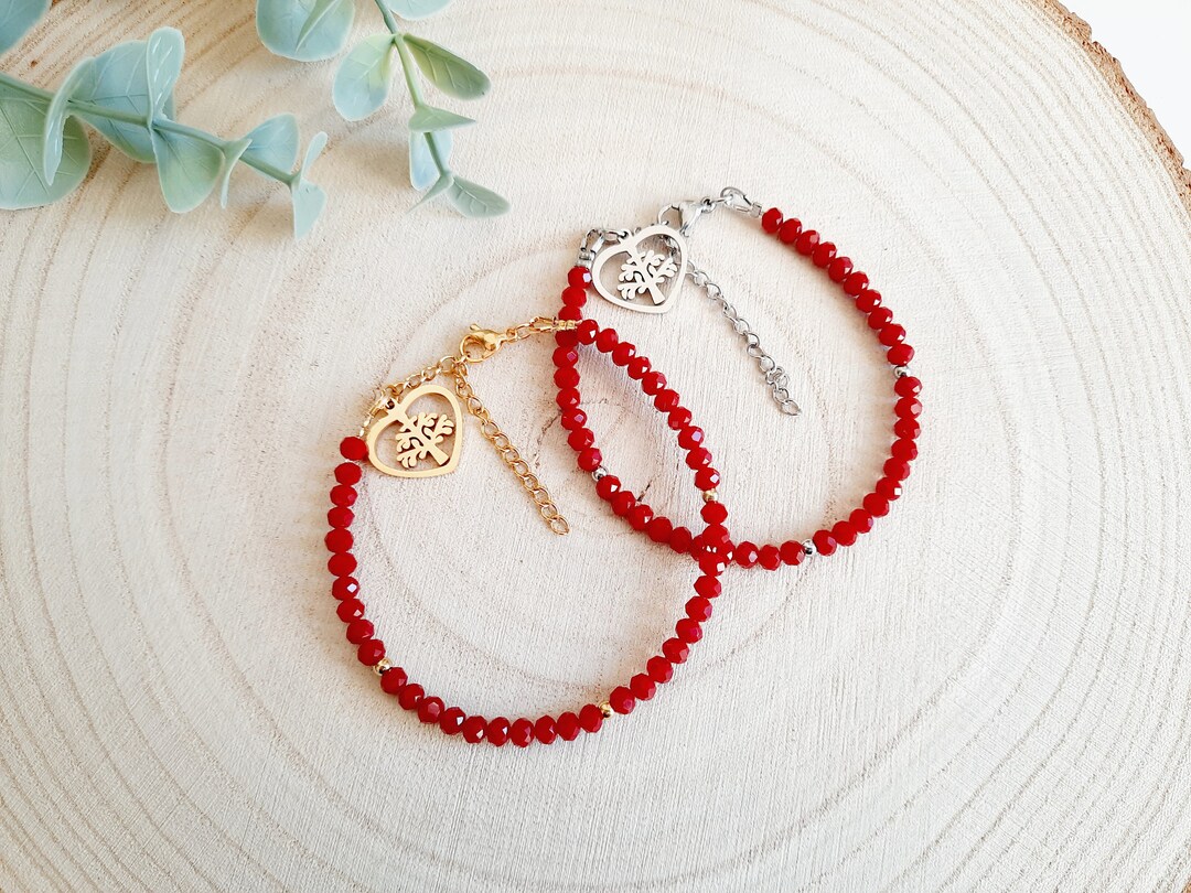 Red Pearl Heart Tree of Life Bracelet Gold or Silver Stainless Steel ...