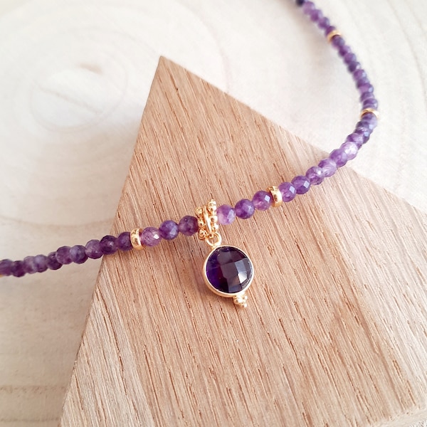 Collier perles en Améthyste - Ras de cou pendentif pierre naturelle violette - Cadeau femme