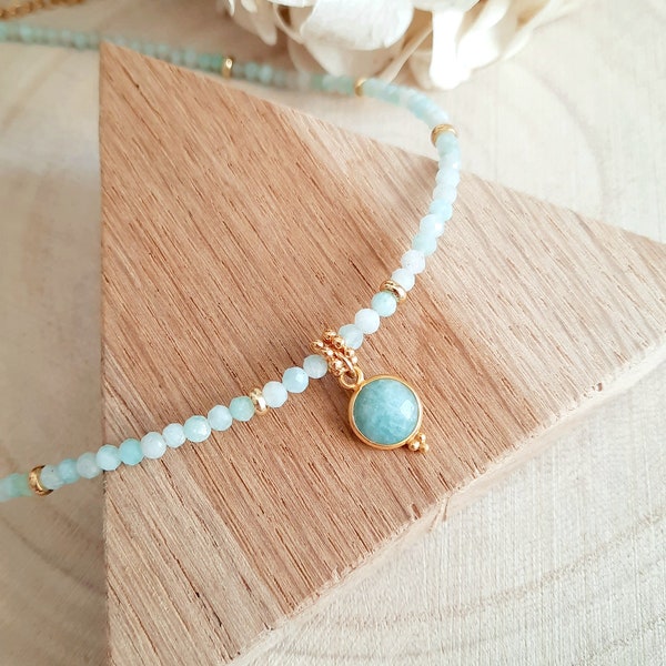 Collier pierre naturelle bleue Amazonite et acier inoxydable or - Collier femme perles ras de cou