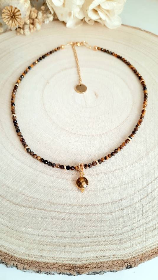 Collier Ras Du Cou En Perles D'oeil De Tigre Véritable - Occasion Très Bon état