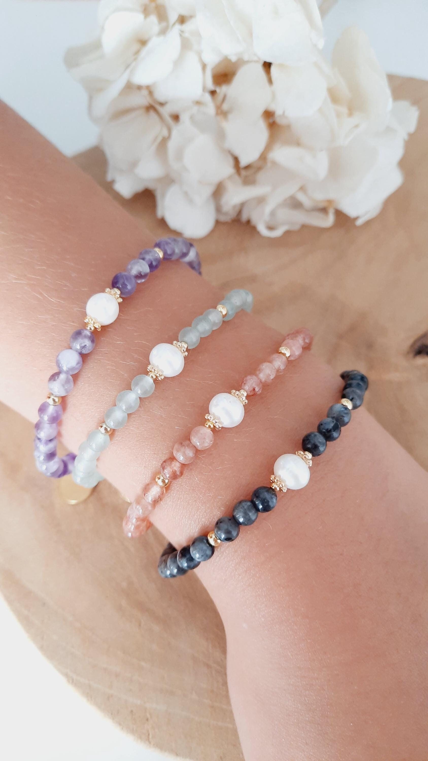 Bracciale In Oro Con Perle D'acqua Dolce E Pietre Naturali: Avventurina, Morganite, Agata, Regolabile