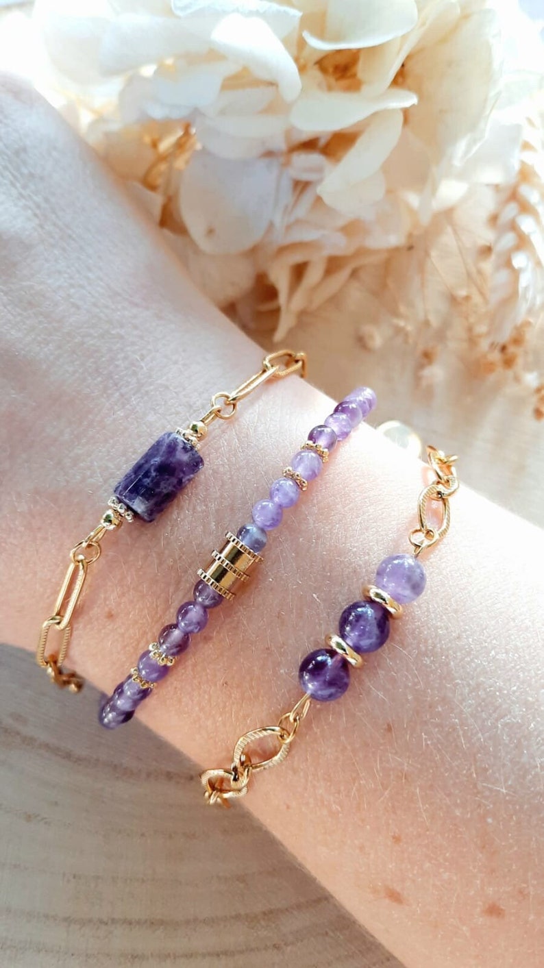 Amethyst bracelet Natural stone and gold stainless steel bracelet Women's gift image 1