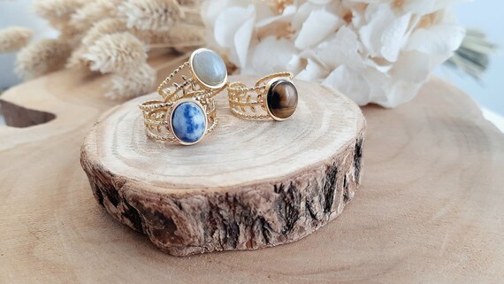 Bague pierre naturelle Labradorite Sodalite Oeil de Tigre Bague reglable acier inoxydable or motif Laurier Cadeau femme Etsy France