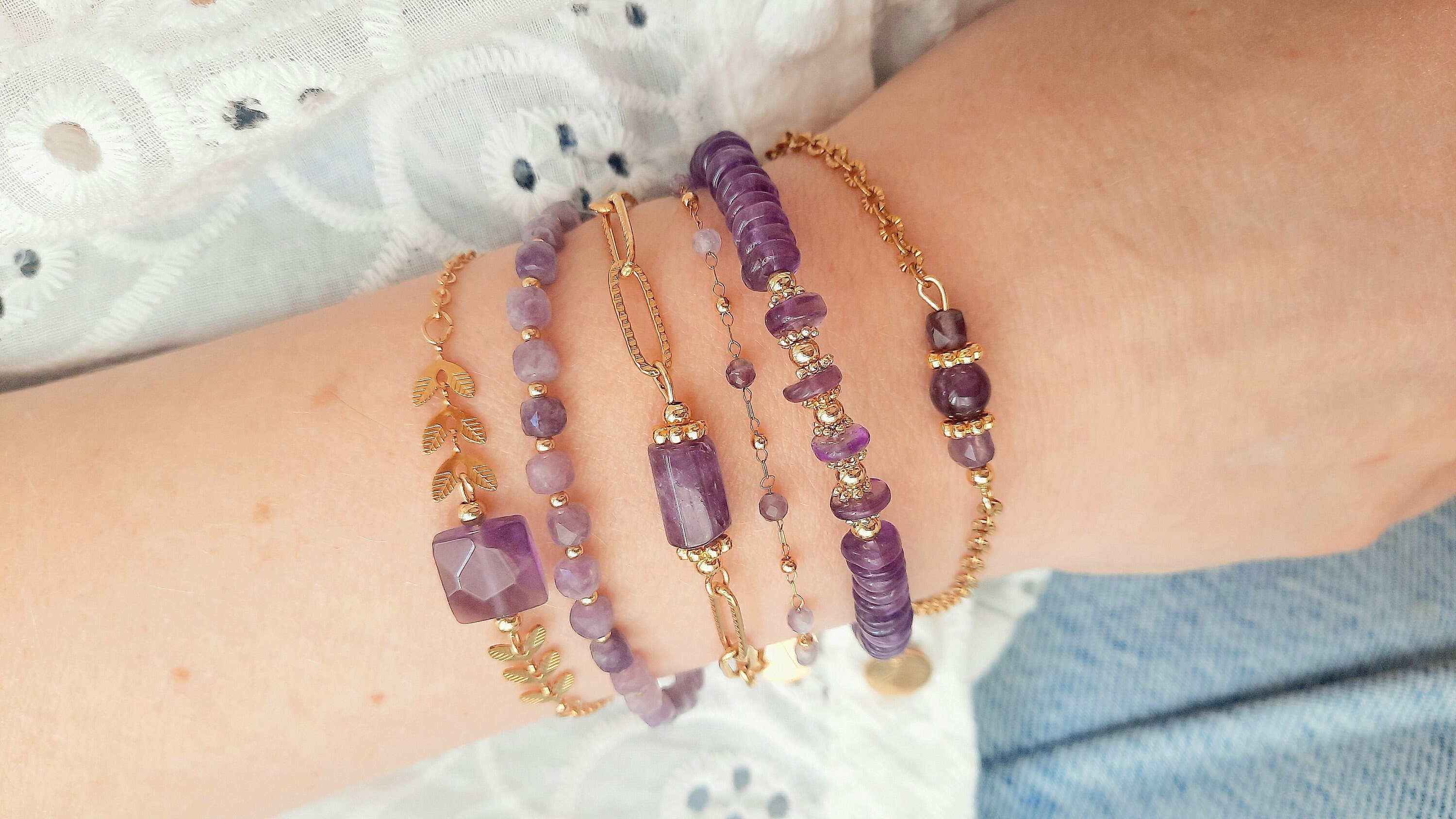 Amethyst Bracelet - Natural Stone Bracelet - Gold Stainless Steel - Women's Gift