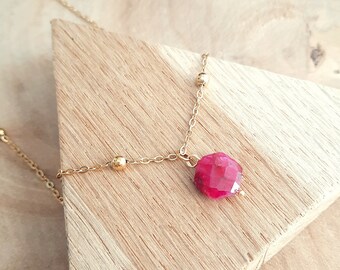 Ruby necklace - Hexagon pendant in natural stone and gold stainless steel chain - Women's gift