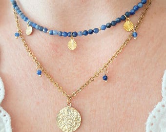 Blue Sodalite Necklace - Natural stone beads and gold stainless steel medal pendant -