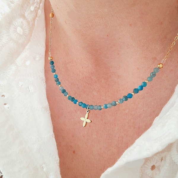 Blue Apatite beaded necklace - Flower pendant and gold stainless steel bead chain - Women's gift