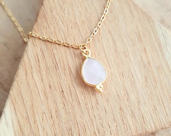 Rose Quartz Necklace - Natural stone drop pendant and gold stainless steel chain - Women's gift