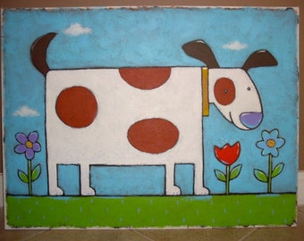 Original Fun Whimsical Dog Pop Art Folk Large Acrylic Illustration
