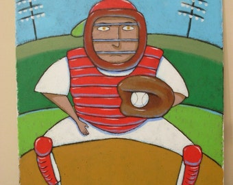 Original Baseball Player Catcher Pop Art Folk Large Acrylic Illustration