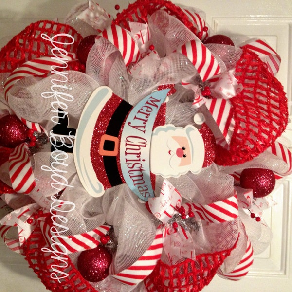 Merry Christmas Santa Clause Deco Mesh Wreath with Candy Cane Ribbon