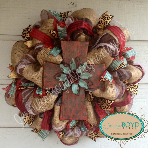 Western Rustic Red, Turquoise, Leopard print and Burlap Cross Deco Mesh Wreath,