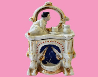 Antique bisque German FAIRING BOX by Conta Boehme circa 1900 / Child on a fireplace mantel porcelain bisque hand painted dress box