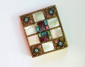1950s rhinestone and mother of pearl MOP vintage COMPACT pastel rhinestone encrusted mother of pearl gold tone vintage compact with mirror
