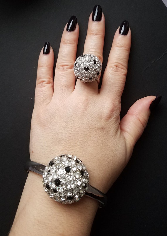 Signed KJL Rhinestone Ball Ring and Bracelet Set - image 2