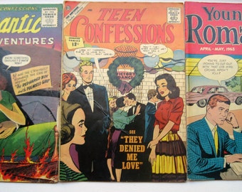 Kitschy lot of 3 romance vintage comic books / 1960s DC COMICS Heart Throbs/ My Romantic Adventures / All for Love comic books