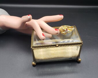 Antique Bevelled Glass Jewelry Casket: Victorian Brass Trinket Box