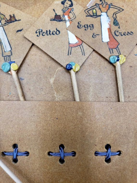 Vintage 1950s BRITISH SANDWICH SIGNS sandwich toothpicks Potted Beef Egg and Cress Sardine British sandwich labels tea sandwiches