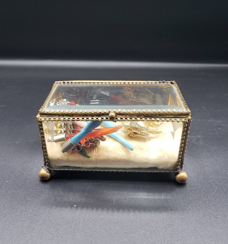 Antique glass and brass JEWELRY CASKET / Vintage jewelry BOX / Jewel box Victorian era / Bevelled glass and copper / glass trinket box image 6