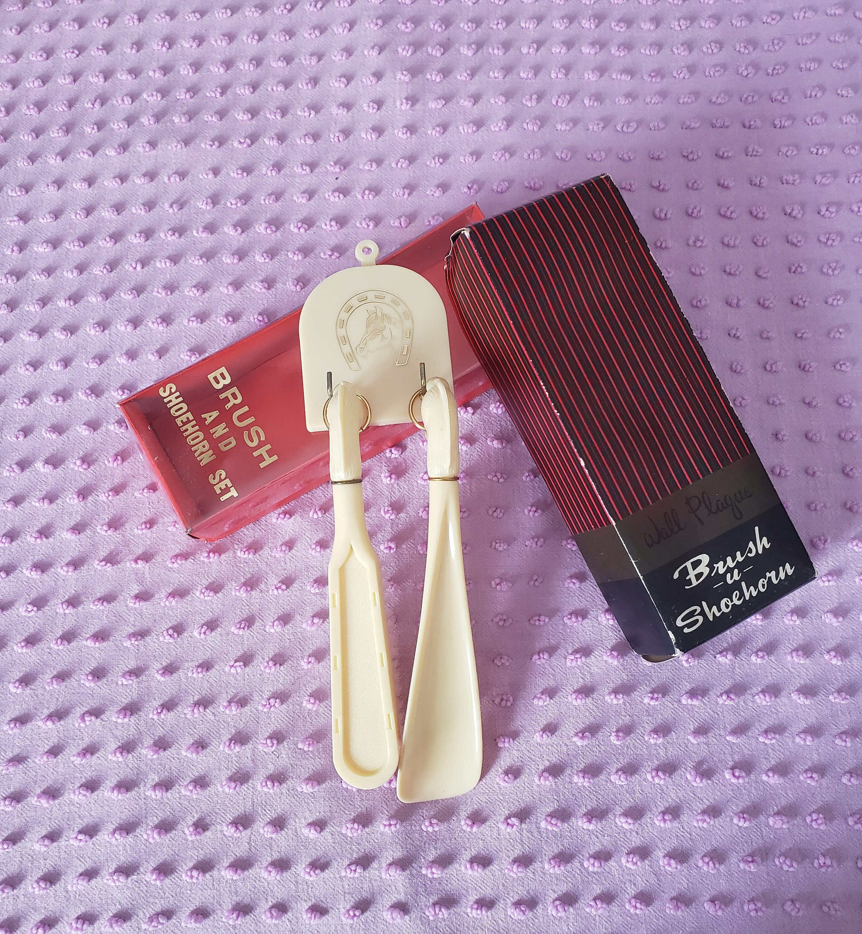 Vintage 1960s Made in Japan for Woolworth Brush U Shoehorn/ HORSE BRUSH and SHOEHORN set for Woolworths with hanging plaque