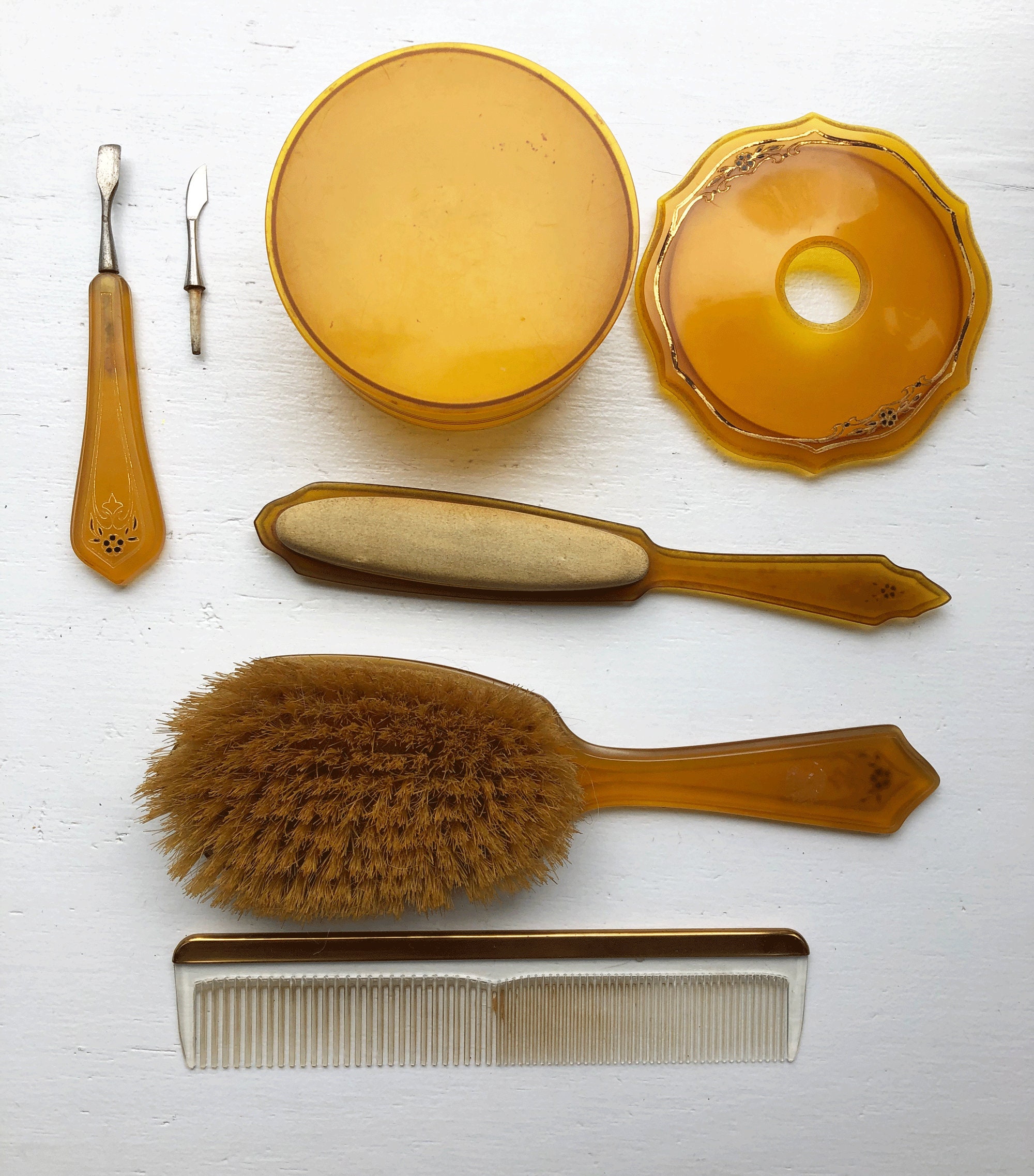 Vintage Dresser / Vanity Set With Powder Compact, Nail Tools, Brush