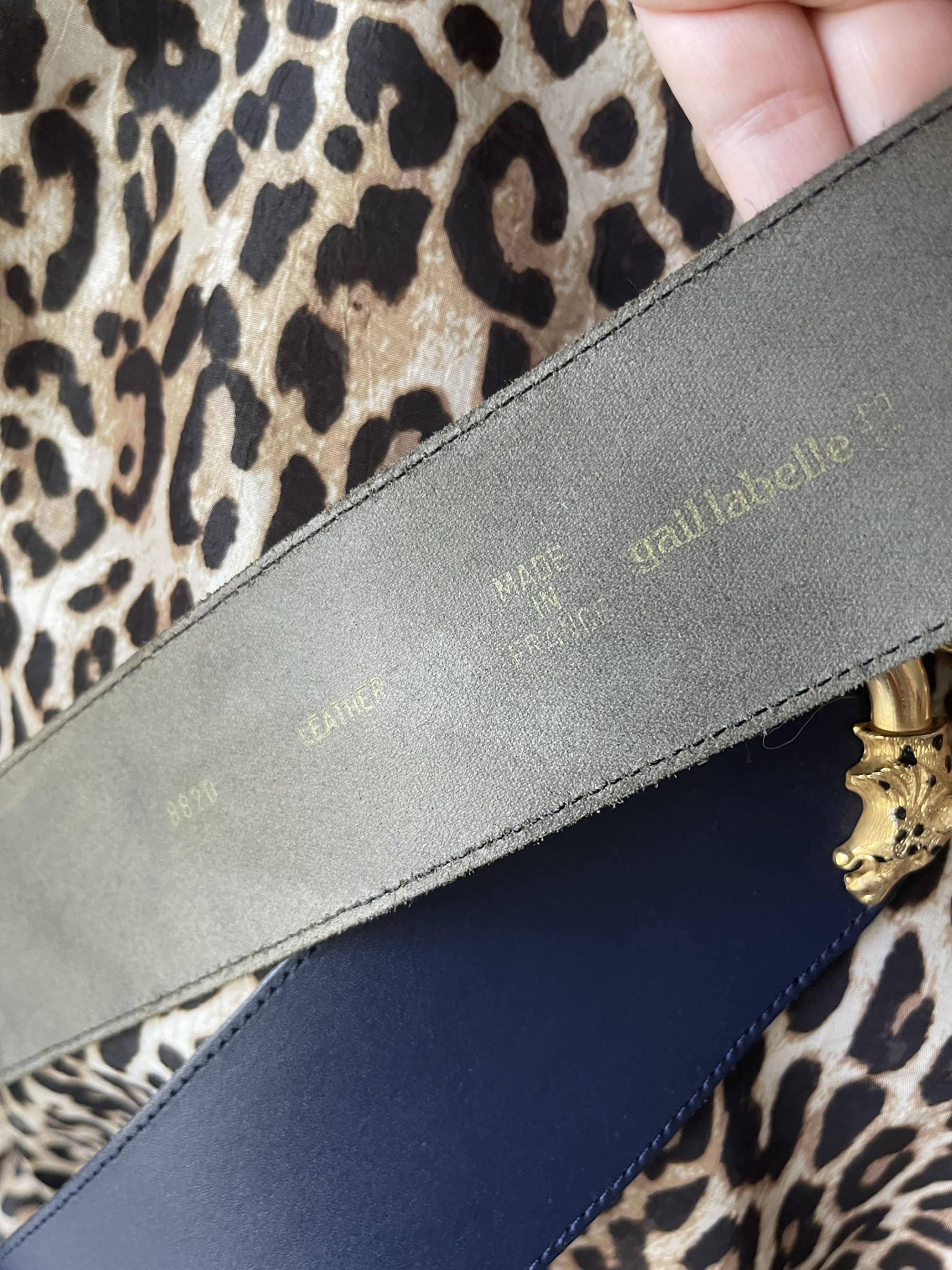 Gail Labelle leather leopard buckle belt Vintage GAIL LABELLE Med. Black Leather Belt Gold Color  main image 3