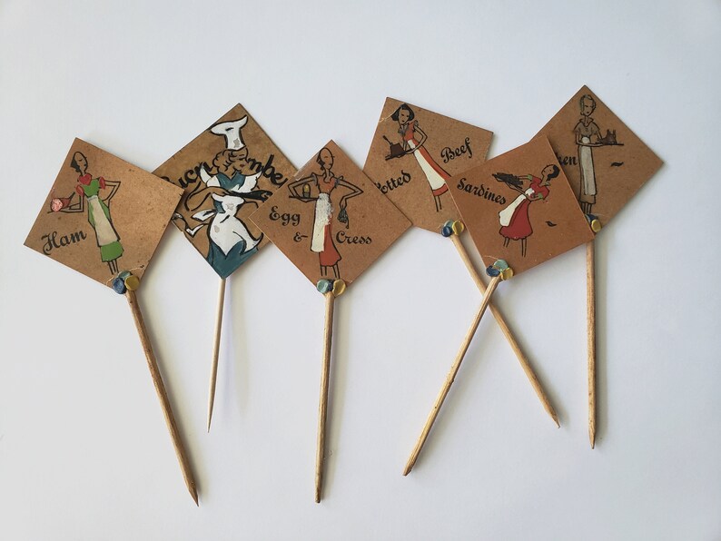 Vintage 1950s BRITISH SANDWICH SIGNS sandwich toothpicks Potted Beef Egg and Cress Sardine British sandwich labels tea sandwiches