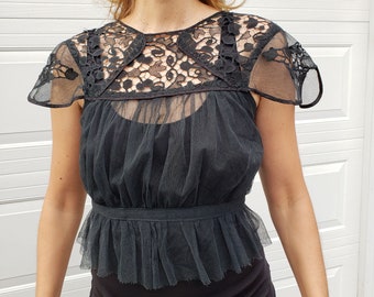 1940s Black Lace Butterfly Top: Vintage Net Bedjacket
