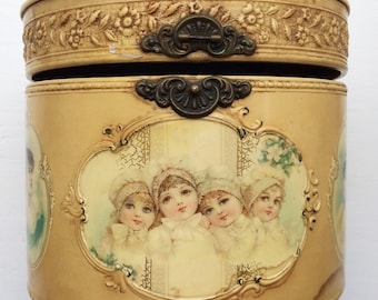 Antique Victorian French ladies and four sisters CELLULOID COLLAR BOX + two original collars / Frances Brundage chromolithograph box