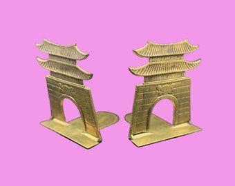 Vintage Brass Pagoda Bookends: Chinoiserie Folding Book Ends