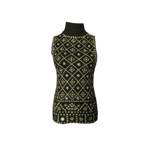 Vintage black knit sweater with METAL detail / D&G style black sleeveless knit turtleneck sweater with copper and gold metallic detail