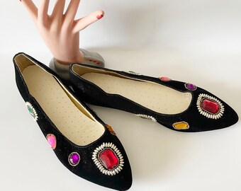 90s Bejeweled Velvet Flats: LaCroix Inspired Evening Shoes