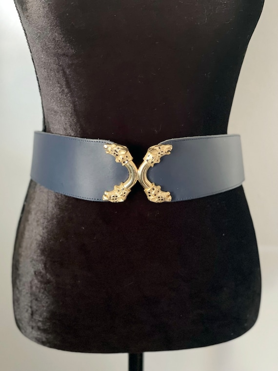 1980s French Leather Belt: Leopard Head, Gail Labelle, Navy  display picture 2