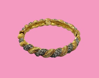 Vintage Kenneth Lane Rhinestone Twisted Bangle - Gold-Tone Clamper Bracelet