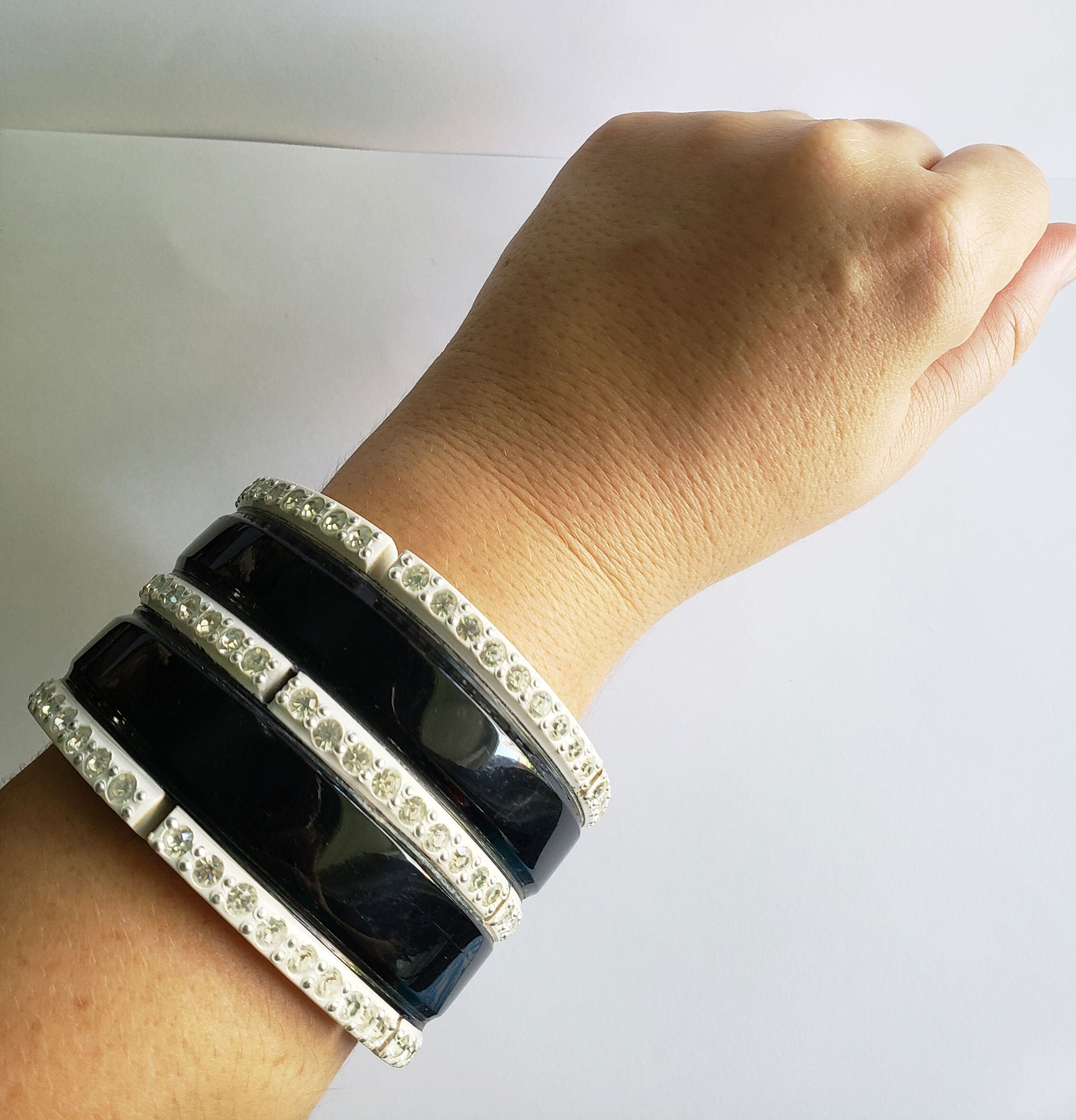 70s Big, Bold, Black and White WOOD BANGLE With RHINESTONES