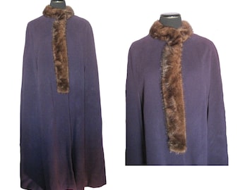 Purple wool full length MINK FUR TRIMMED cape / vintage purple wool cape with satin lining trimmed in mink full length