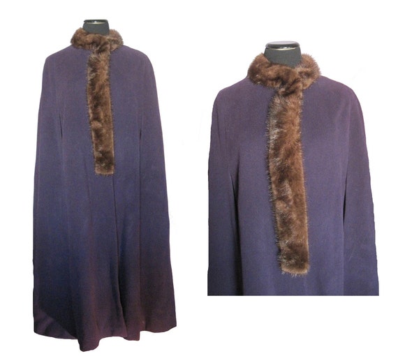 Purple wool full length MINK FUR TRIMMED cape / v… - image 1