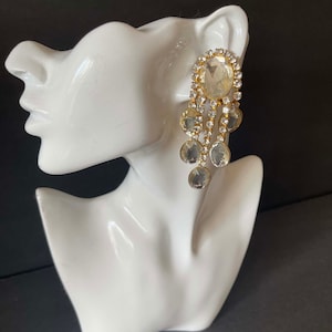 Vintage 70s KJL Kenneth Lane Rhinestone Chandelier Clip On Earrings