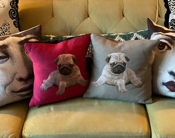 French Needlepoint Pug Pillow: Velvet Back Accent Pillow