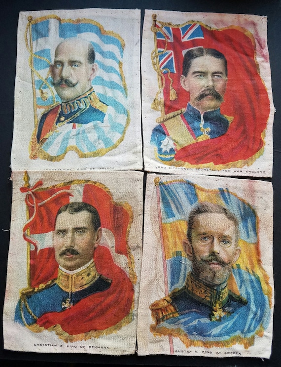 Set of 4 Antique CIGARETTE SILKS of Various Military / Politician / Royalty  Profiles / Collectible Early 1900s TOBACCO Silks