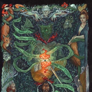 Op de afbeelding: Een ingelijste kunstdruk met een gedetailleerde aquarelillustratie. Het kunstwerk toont een centrale figuur met een vlam, omringd door andere figuren, bladeren en tekst op groene linten. Het kleurenpalet omvat groen, oranje en bruin.