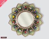 Sunflower Mirror wall art 23.6 quot , Peruvian luxury Round Mirror, Painting on Glass Round Mirror for wall decor, Silver leaf wood framed mirror