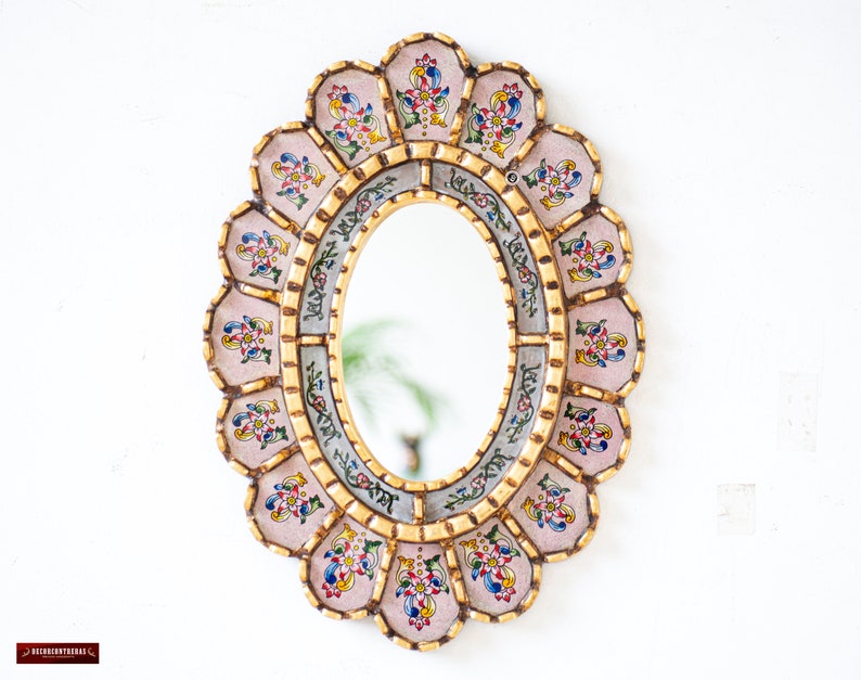 Peruvian Painted glass oval mirror wall art decorations | wedding gifts mirror on the wall | Pink Wall Hanging oval mirror for room decor