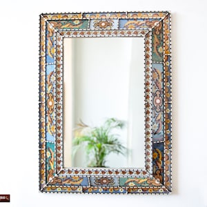 Accent Extra Large Blue Wall Mirror Room Decorative, Ornate Mirror holiday decor, bathroom, Peruvian Painting on glass Hanging Wall Mirror