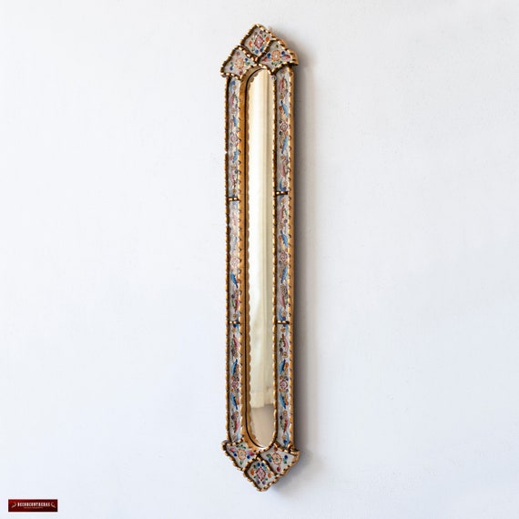 Peruvian Long Narrow wall mirror 35.4" Tall for home wall decor - Handmade Decorative skinny Mirror with gold leaf for living room, bedroom