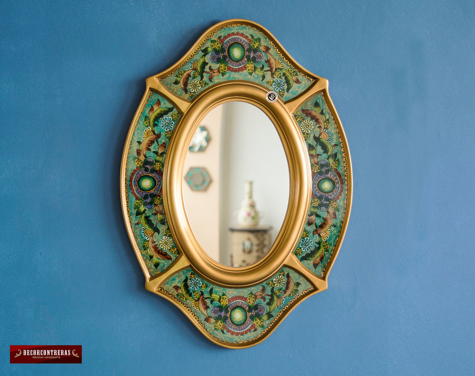 Turquoise Oval Wall Mirror With Gold Color Wood Frame, Peruvian Ornate Accent "Treasure Andean", Handpainted Glass Decor