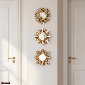 Gold Sunburst Mirror Set 3 - Small Wall Mirrors 6" - Handcarved Wood Starburst - Vintage Style Home Refresh Gallery Wall Art |Ships from USA image 2