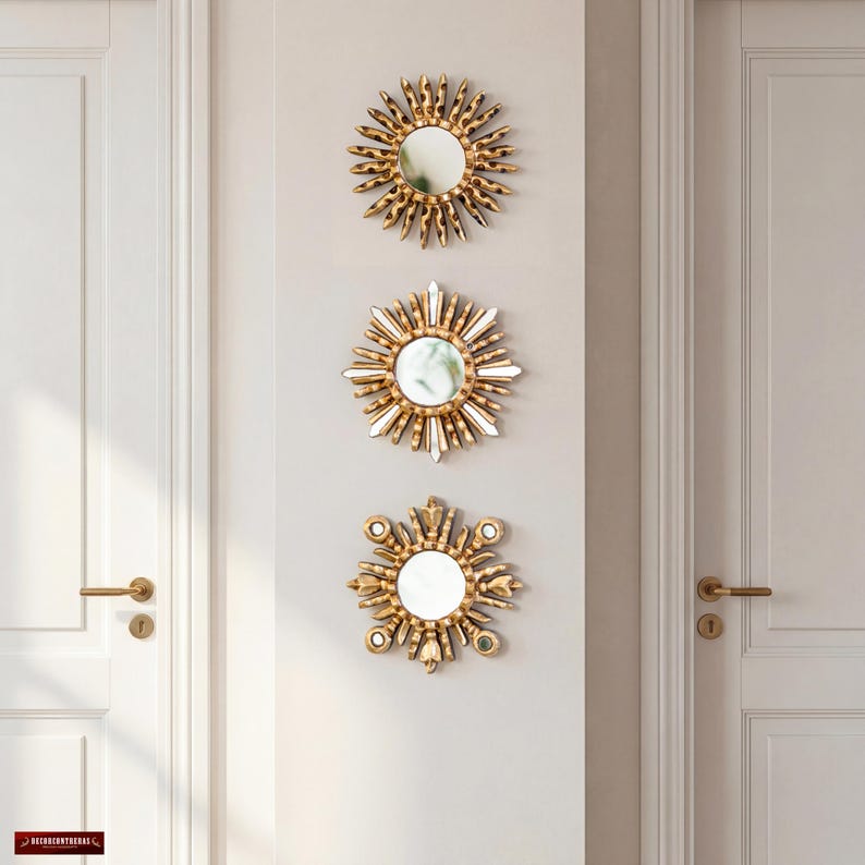 Gold Sunburst Mirror Set 3 - Small Wall Mirrors 6" - Handcarved Wood Starburst - Vintage Style Home Refresh Gallery Wall Art |Ships from USA image 2